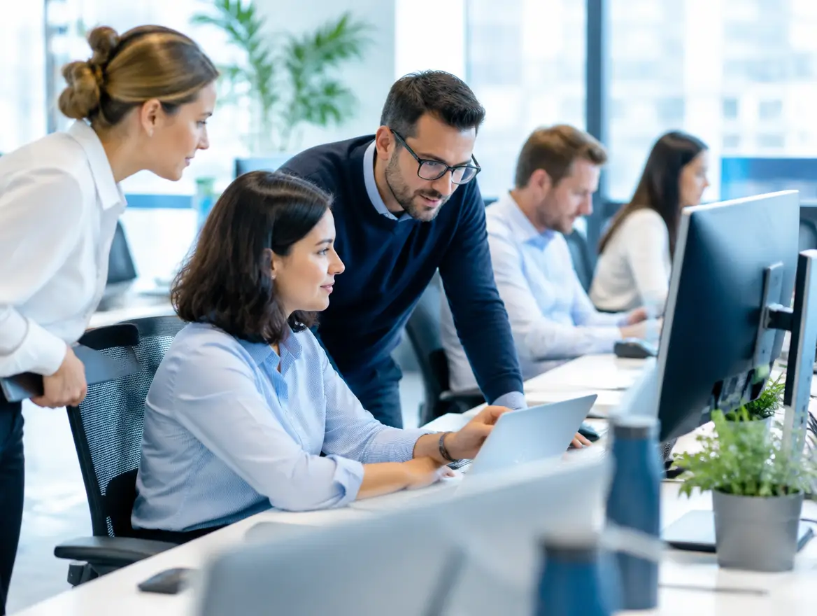 Implementation team deploying a new business system across several desks in an office