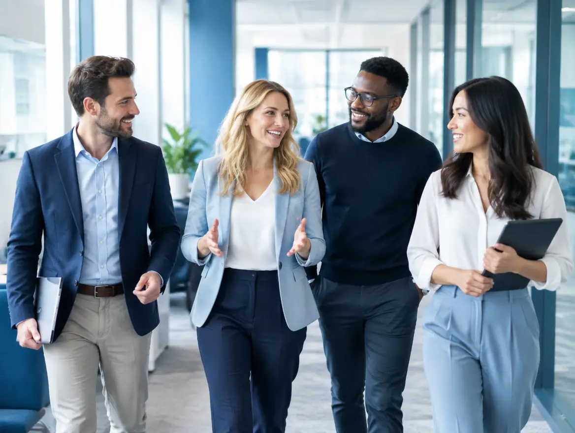 Experienced implementation team walking through a modern office together