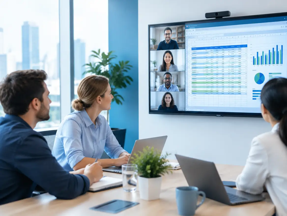 Colleagues collaborating in a video meeting while sharing a spreadsheet