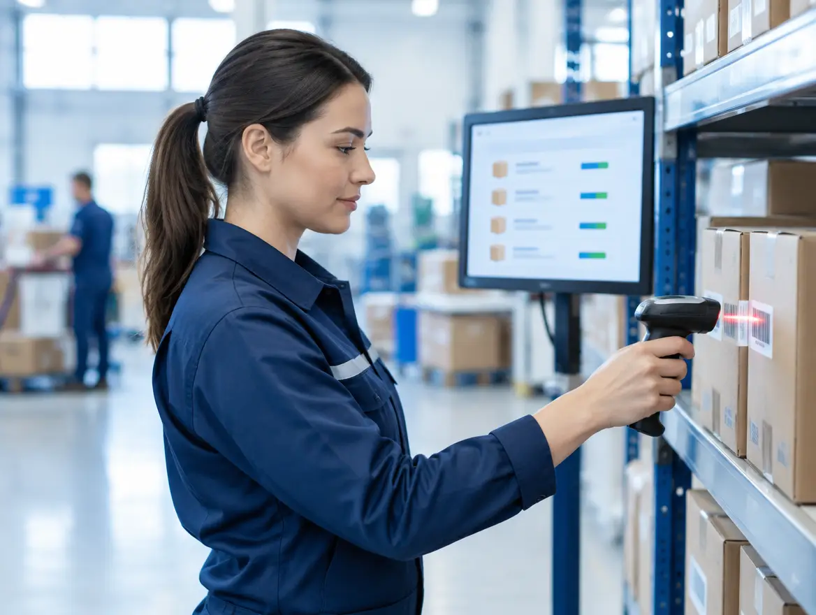 Warehouse worker scanning barcodes with a handheld scanner