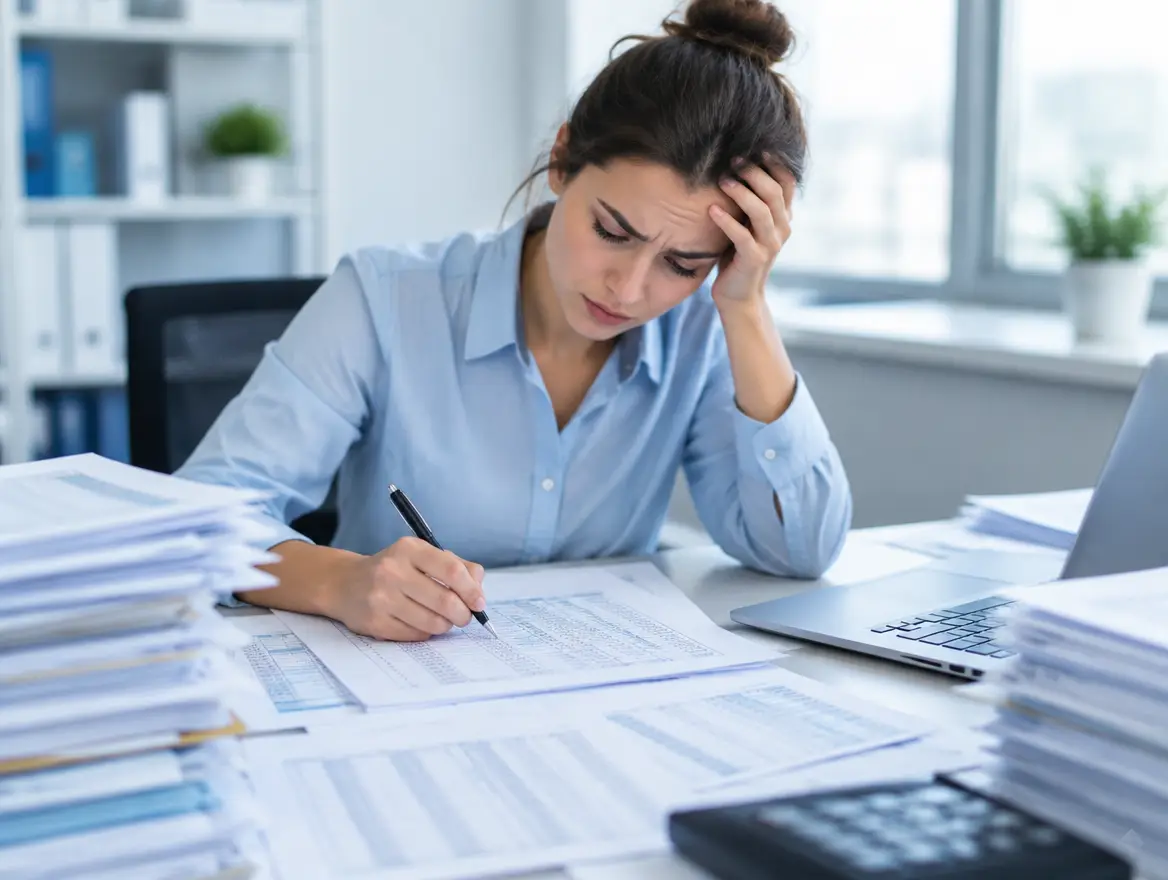 Employee surrounded by printed spreadsheets re-entering data
