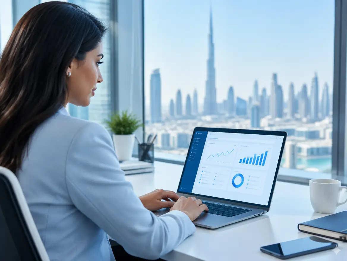 Business professional using a sleek business management application on a laptop in a Dubai office