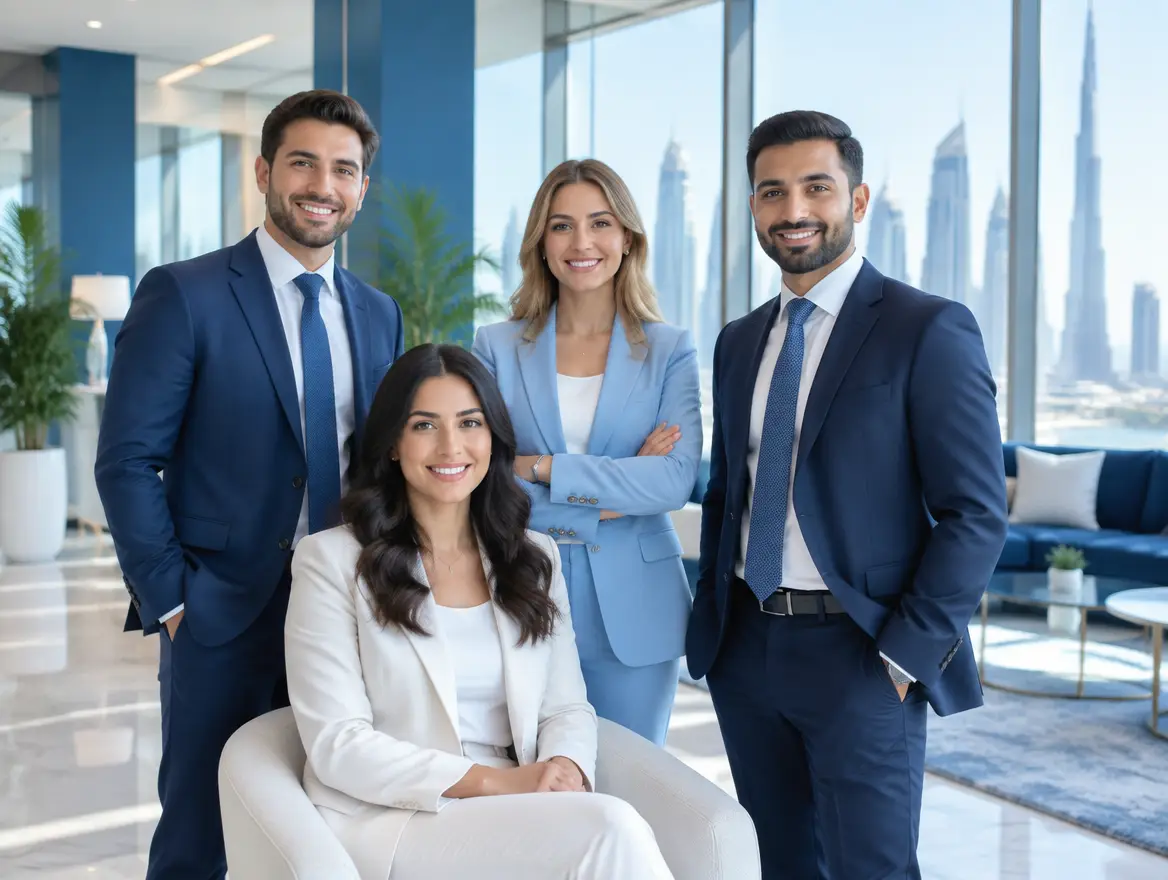 Digital Links style consulting team of four smiling in a modern office lobby with city views
