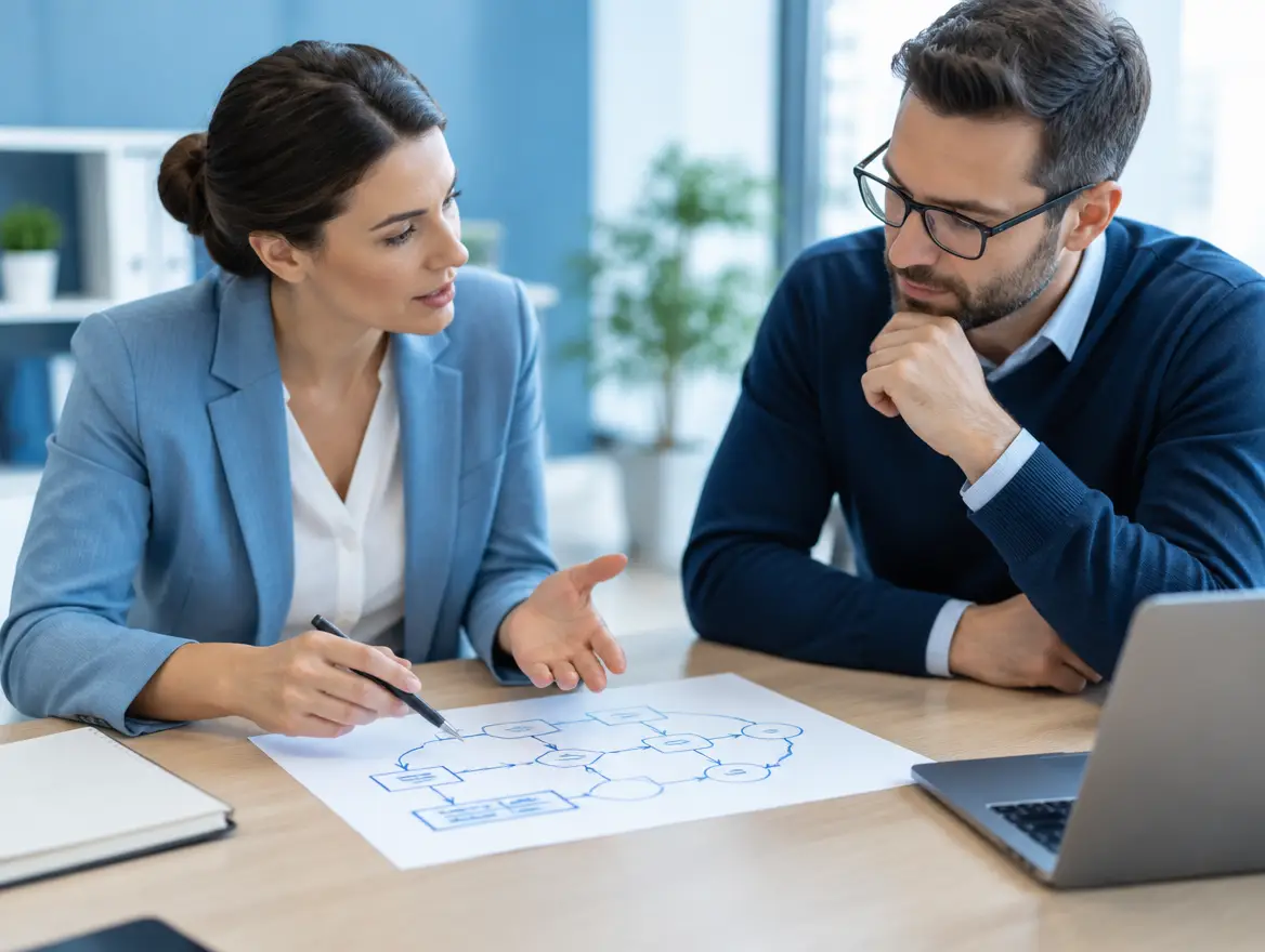 Company manager explaining a unique workflow drawn on paper to a software consultant
