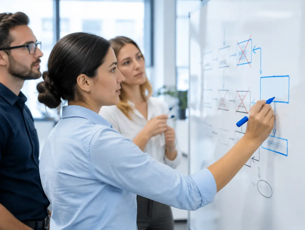 Team redesigning a process flow on a whiteboard