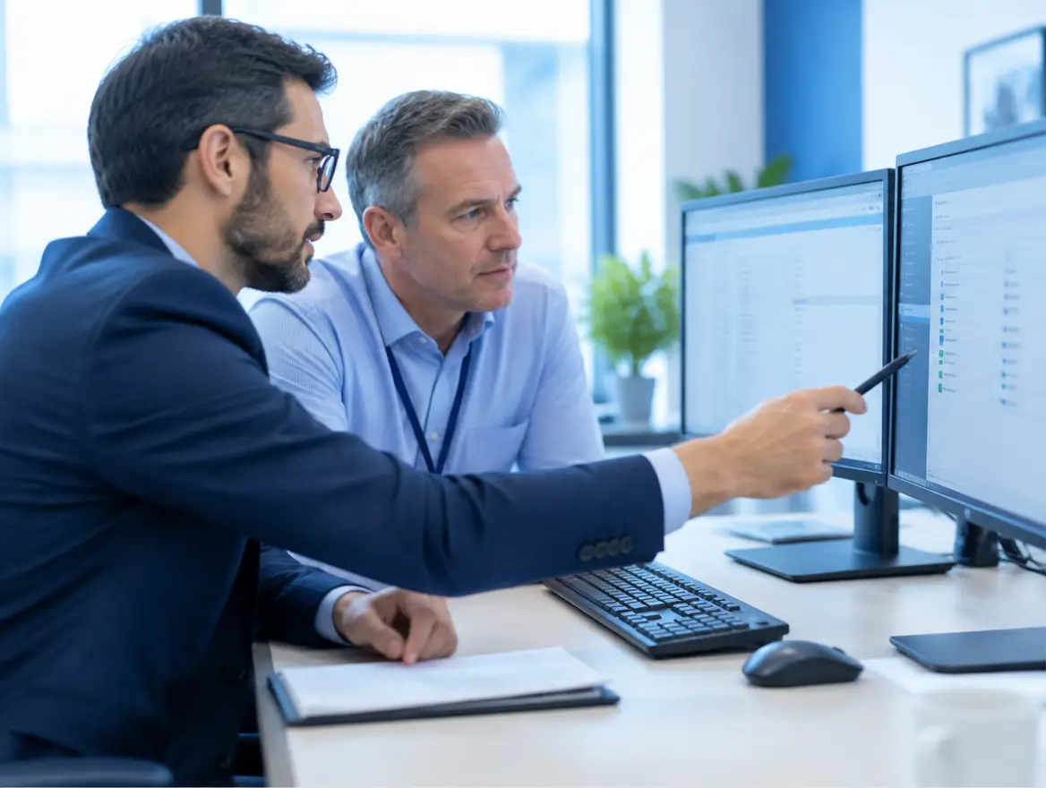 Consultant auditing an existing system configuration with a client's IT manager
