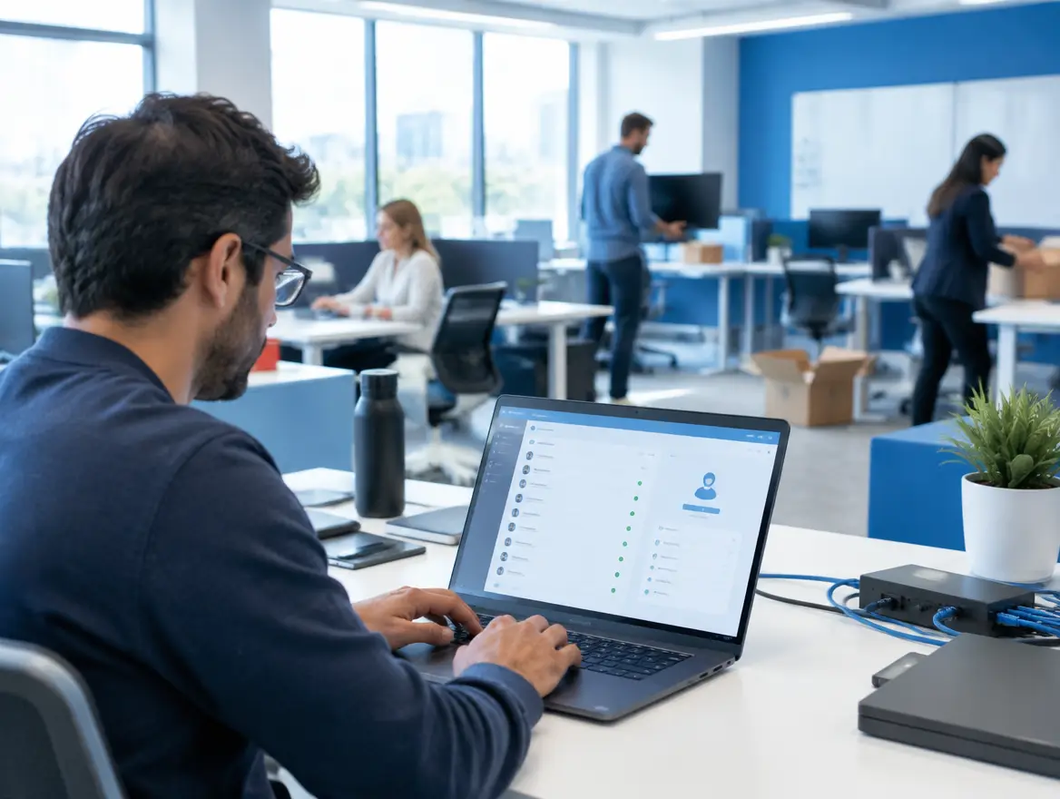 Growing office adding new employees and workstations while an IT person sets up accounts