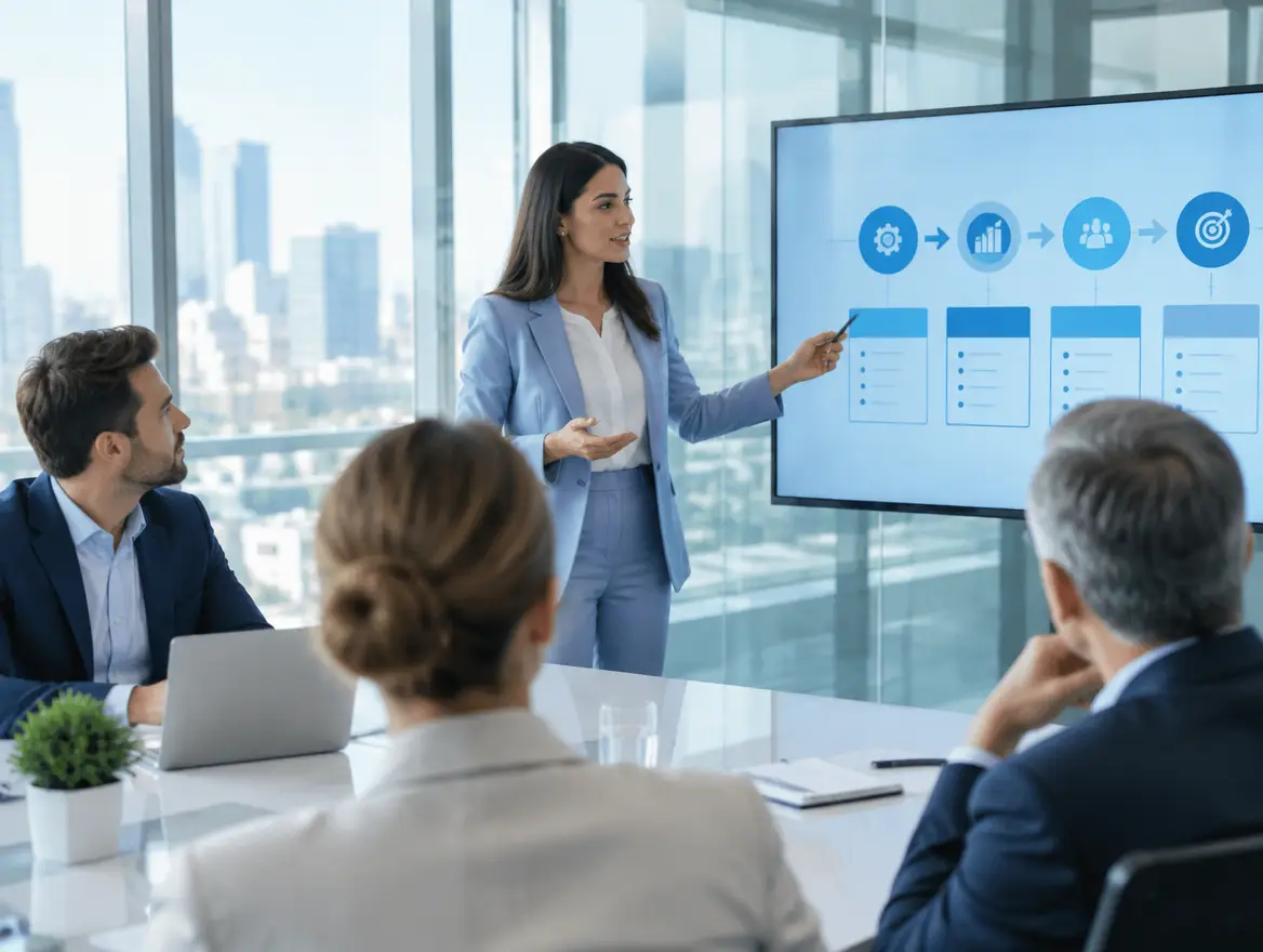 Consulting team presenting a tailored business system plan to a client in a glass-walled room