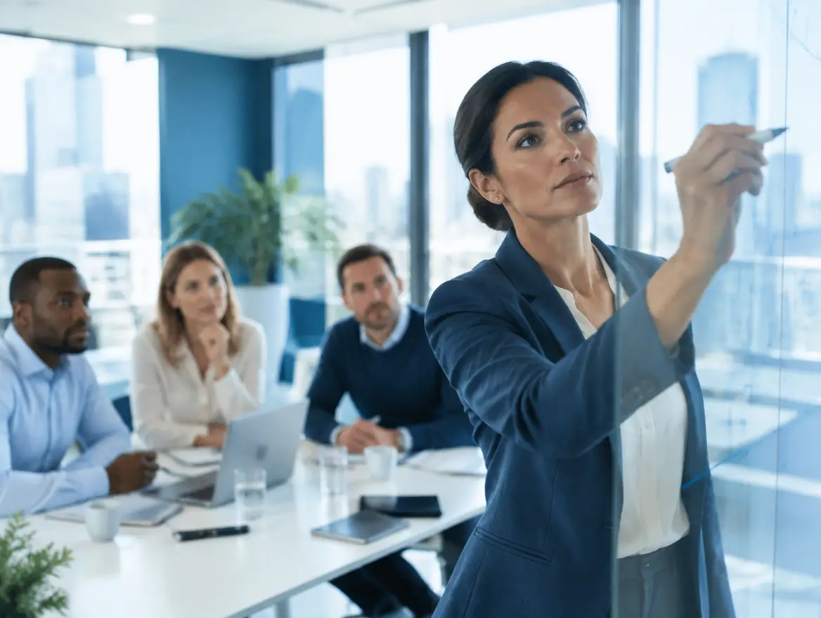 Business leader writing goals on a glass board while the team discusses priorities