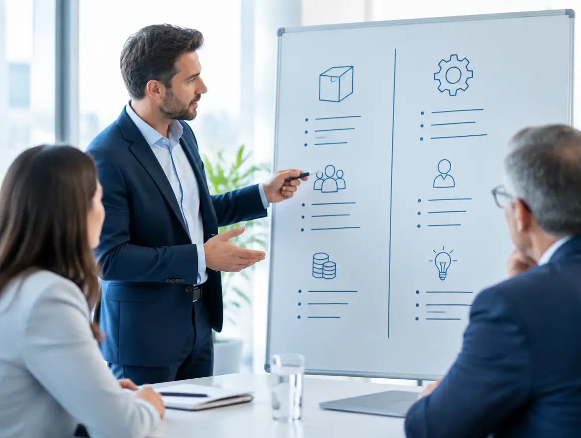Consultant weighing two approaches on a whiteboard split into two columns with a client