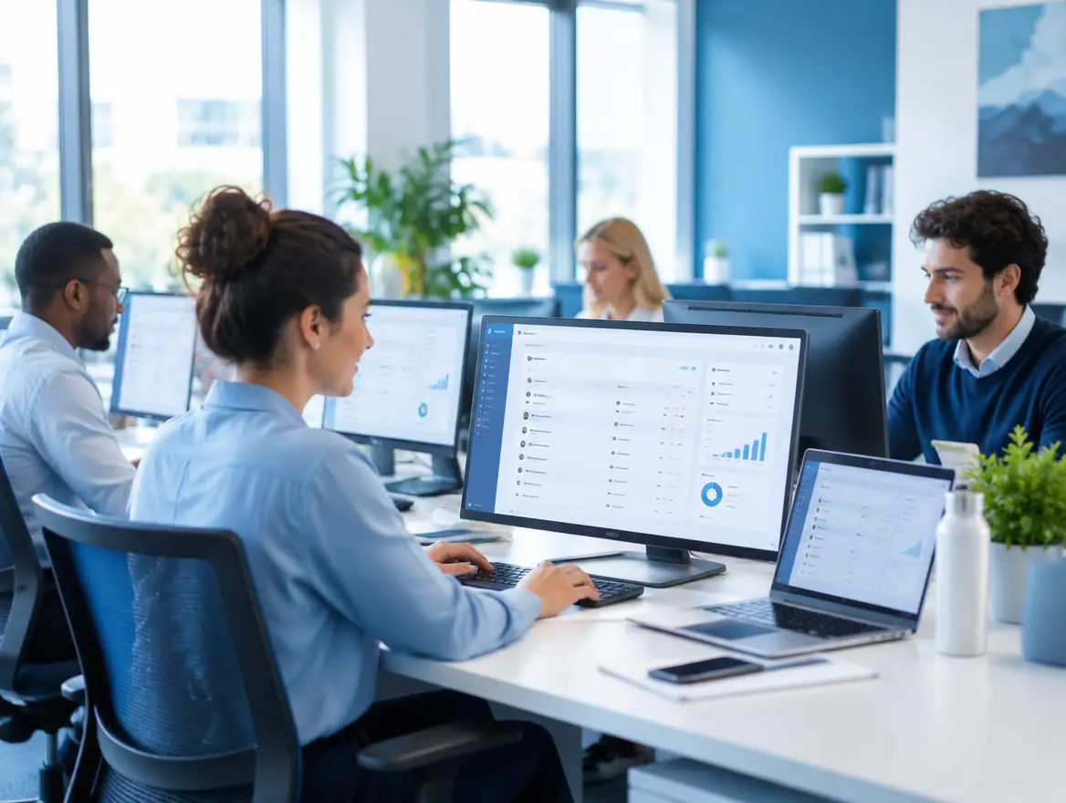 Mid-sized company team working from one connected business system across several desks