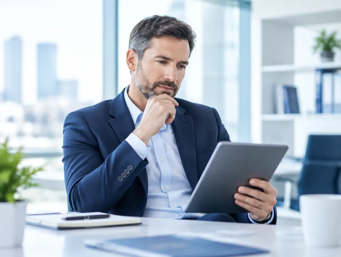 Executive thoughtfully choosing a business platform