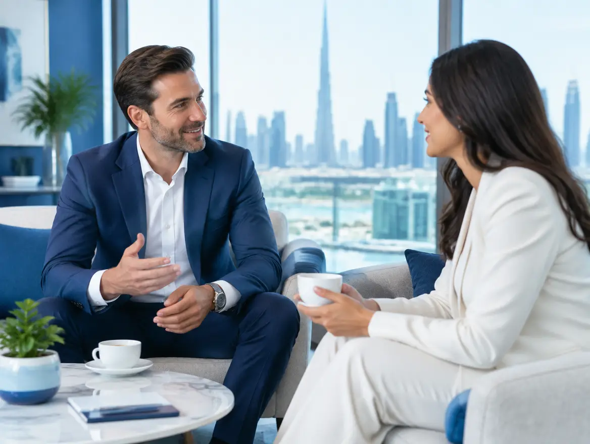 Trusted advisor meeting a client over coffee in a modern Dubai office lounge