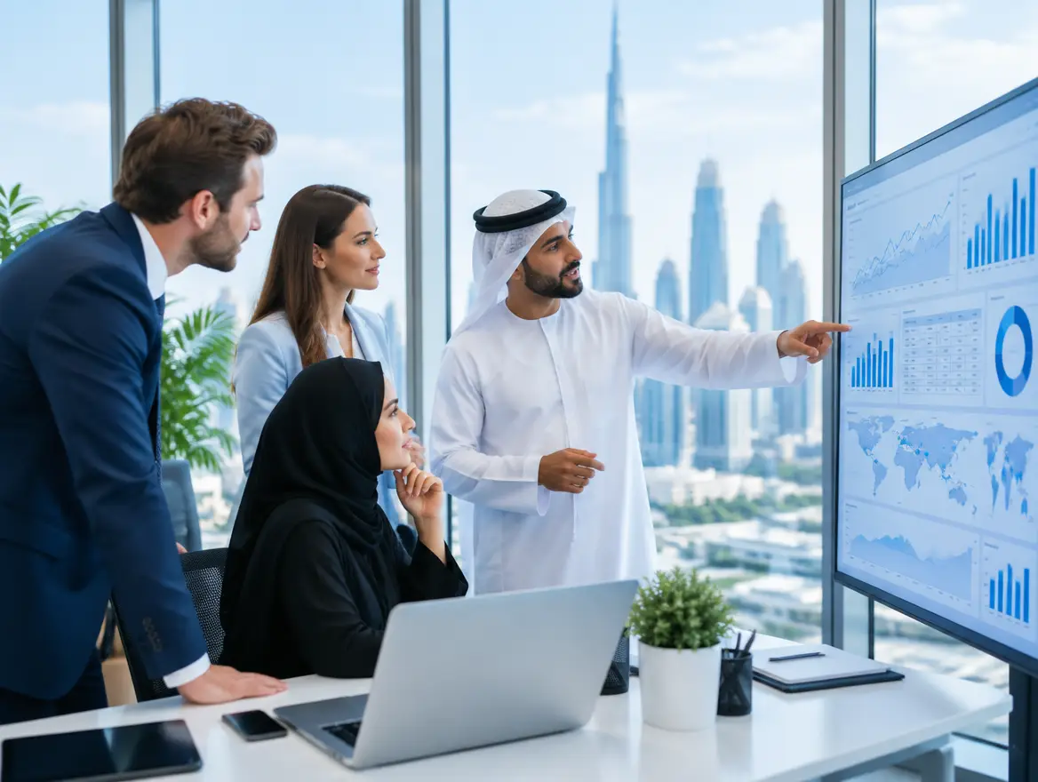 Business team reviewing an operations dashboard in a Dubai office