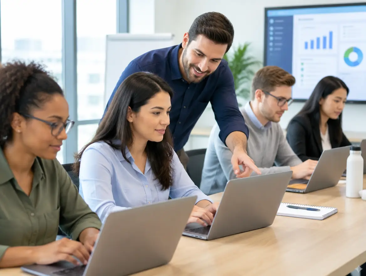 Trainer guiding employees through business software