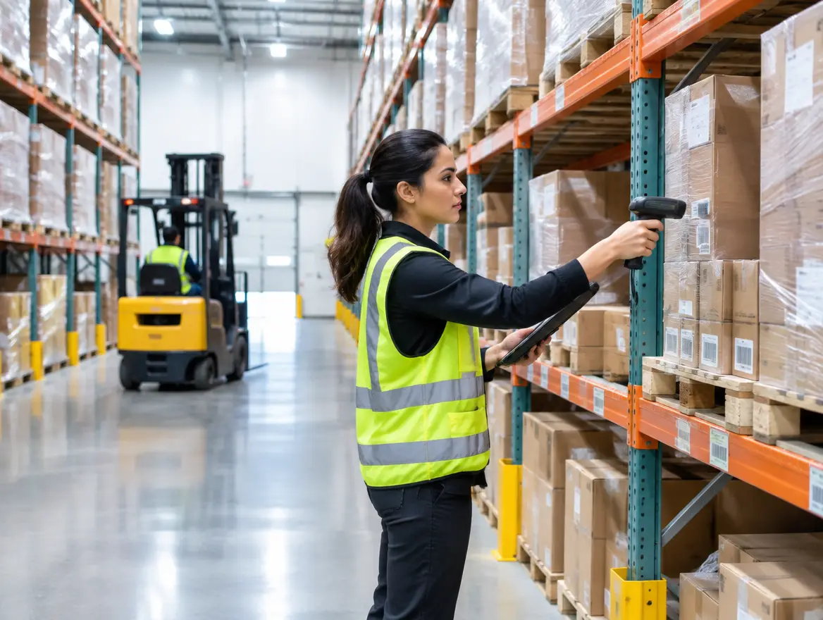 Distribution warehouse with inventory being scanned